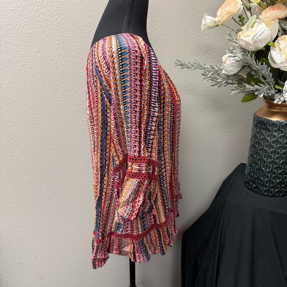 Hannah Boho Ruffle Peasant Blouse Multicolor Stripe Crochet Trim L - Picture 4 of 7
